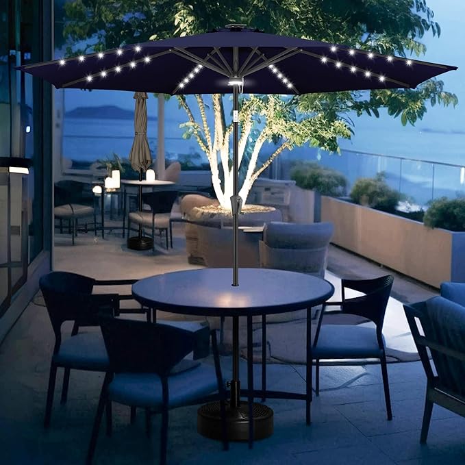 FLAME&SHADE 9 FT outdoor umbrella with 40LED lights, solar light patio umbrella with Centre Surround Light, Table Market Umbrella Outdoor Patiofor Deck, Pool, Backyard, Garden (Navy Blue)