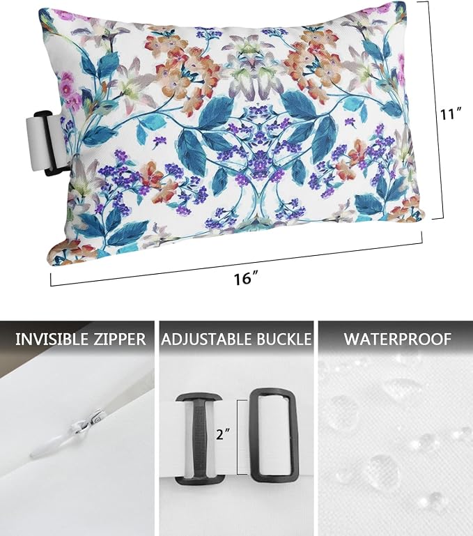 Outdoor Pillows Covers with Inserts Vintage Watercolor Flowers Floral Tree Branch with Waterproof Pillow with Adjustable Strap Throw Pillows for Patio Furniture Recliner Lounge Chair, 11"x16", 2PCS