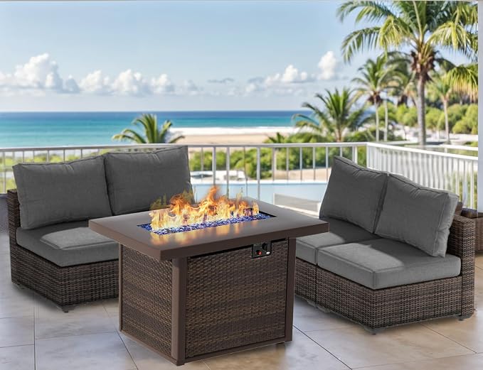 5 Piece Patio Furniture Set with 44" Fire Pit Table, Outdoor Sectional Couch, PE Rattan Patio Conversation Sets with 4inch Cushions for Backyard Grey