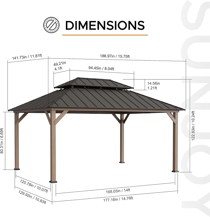 SUNJOY 12 x 16 ft. Wood Gazebo, Outdoor Patio Cedar Framed Steel Hardtop Gazebo with 2-Tier Metal Roof, Suitable for Patios, Lawn and Backyard, Dark Brown Roof + Dark Wood Frame