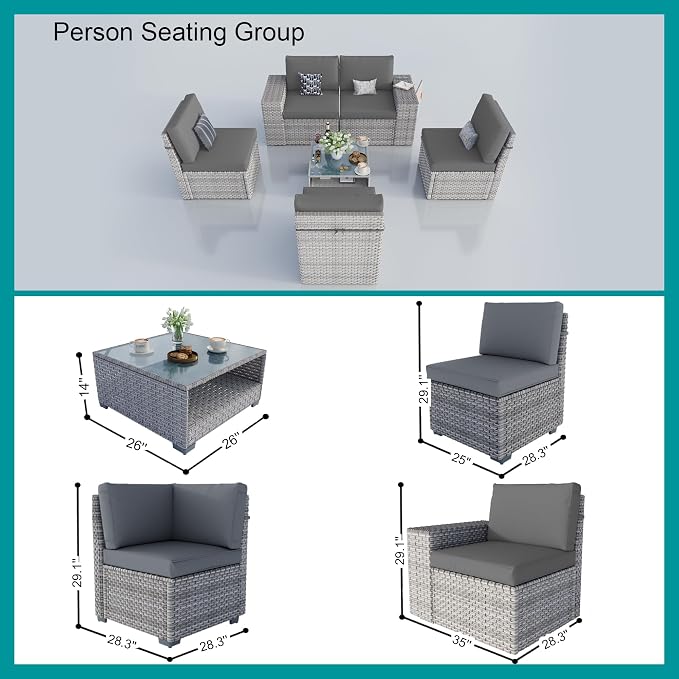 6-Piece Patio Furniture Set, Outdoor Extra Wide Armrest Modular Patio Sofa, Dual-Strand Rattan Wicker, Rust-Resistant Frame, Backyard High Back, Large Seat Furniture for Porch Garden Balcony, Grey