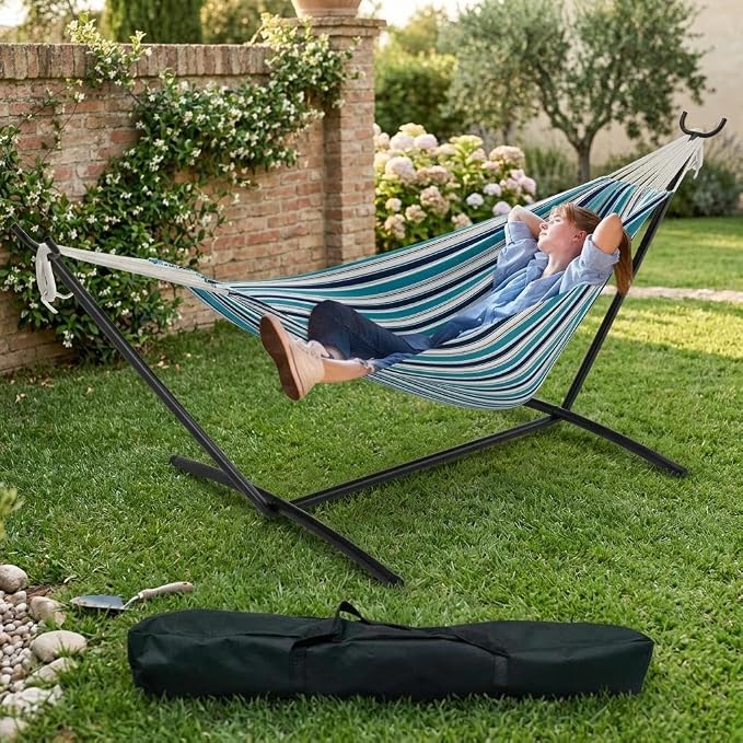 2 Person Double Hammock with Stand Foldable, 450Lbs Capacity, Double Hammocks Portable with Carrying Bag, Thick Rope, Collapsible Heavy-Duty Steel Stand for Indoor & Outdoor, Weatherproof