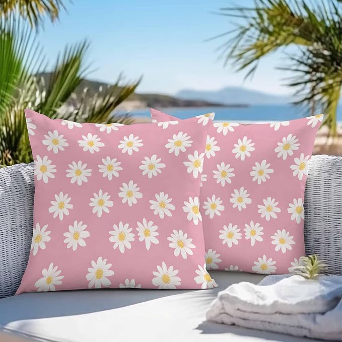 Throw Pillow Covers 24x24 Inch Set of 2, White Pink Daisy Waterproof Outdoor Pillow Covers, Spring Summer Floral Farmhouse Decorative Cushion Pillowcases for Couch, Sofa, Bed, Garden, Patio