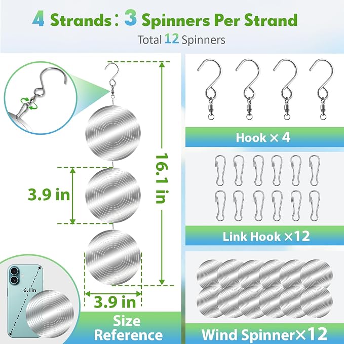 Bird Deterrents for Outside, 12 Discs Stainless Steel 3D Wind Spinners Garden Decor, 4 Sets Reflective Bird Scare Devices to Keep Woodpeckers, Pigeons Away from Patio, Balcony, Porch, Deck