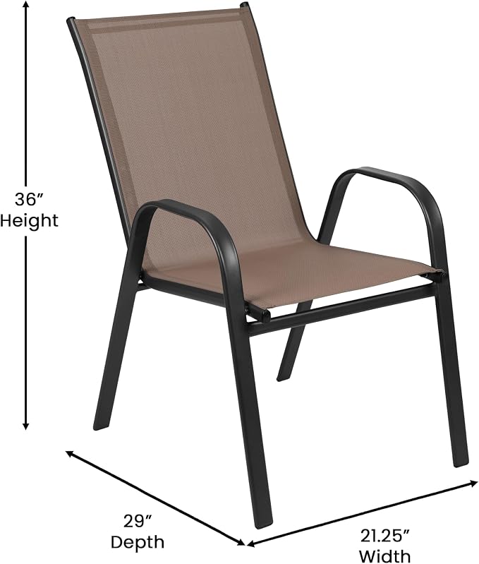 Merrick Lane Bardwell 7-Piece Outdoor Dining Table Set for 6, Glass Top Table with Hole for Umbrella, 6 Breathable Textilene Stackable Patio Chairs, Brown/Black