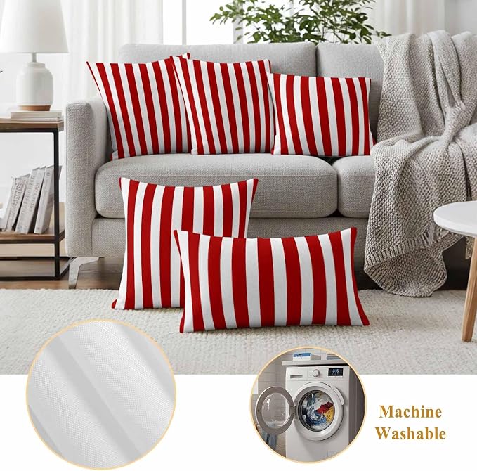 Red Striped Outdoor Waterproof Throw Pillow Covers 24x24 Set of 2, Christmas Farmhouse Red White Stripes Decorative Pillowcases Cushion Pillowcase for Couch Sofa Patio Outside Pillow Protector