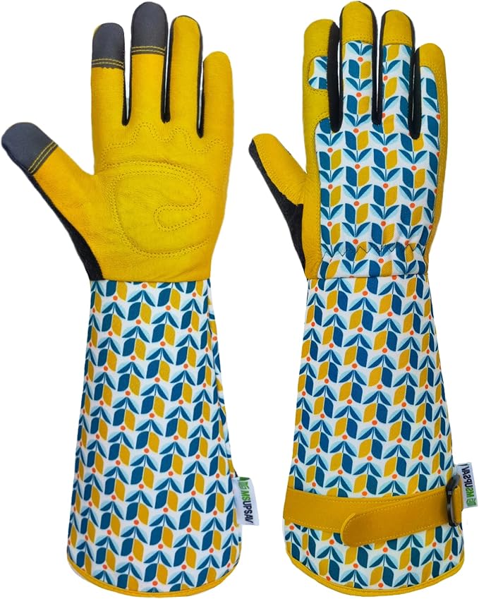 Thornproof Rose&Cactus Gardening Gloves,Gauntlet Garden Glove,Gifts | Canvas,Cute Floral Pattern,Leather Palm,Touchscreen,Durable Material,Garden Gift,Men&Women,Machine Washable,Adjustable Cuff