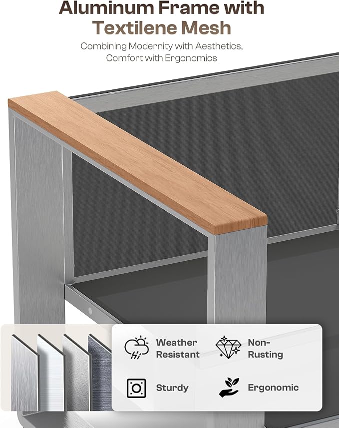 Aluminum Outdoor Patio Furniture, 1 Piece Loveseat, All-Weather Outside Sofa for Deck, Porch (Teak-Charcoal)