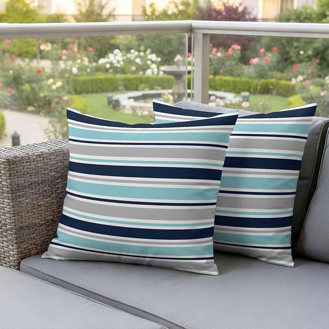 Grey Blue Striped Outdoor Pillow Cover 20x20 Inch Cushion Sham Case, Farmhouse Stripes Abstract Art Navy Blue Waterproof Decorative Square Throw Pillowcase for Outside Garden Patio Porch Couch Chair