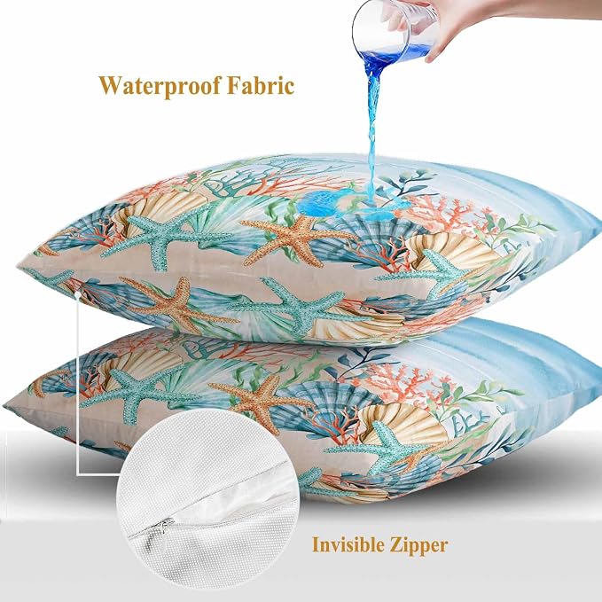 Throw Pillow Covers 18x18 Inch Set of 2, Summer Nautical Waterproof Outdoor Pillow Covers, Coastal Beach Starfish Coral Shell Blue Decorative Cushion Pillowcases for Couch, Sofa, Bed, Garden, Patio