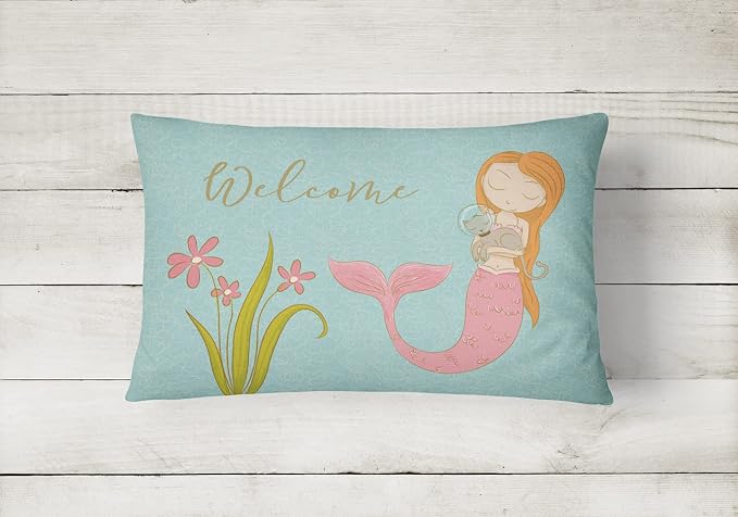 Caroline's Treasures BB8548PW1216 Mermaid with Cat Welcome Canvas Fabric Decorative Pillow Machine Washable, Indoor Outdoor Decorative Pillow for Couch, Bed or Patio, 12HX16W