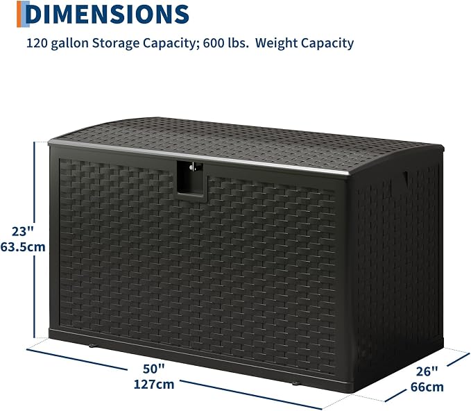 120 Gallon Large Outdoor Deck Storage Box, Waterproof UV Resistant Resin Patio Storage Bin, Lockable Heavy Duty Deck Chest Bench for Patio Cushions Garden Tools Pool Supplies, Black
