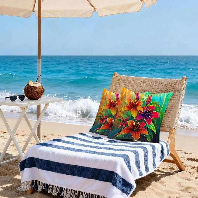 18x18 Inch Outdoor Pillow Covers Set of 2 Waterproof Throw Pillow Covers Decorative Couch Cushion Covers Neon Orange Green Flowers Square Pillowcases Protectors for Patio Garden Sofa