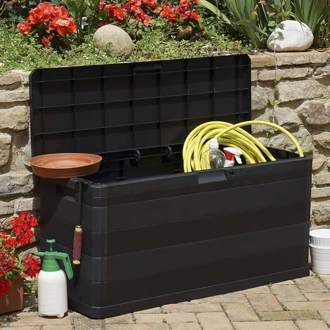 Outdoor Storage Box 280L Large Deck Container Waterproof Polypropylene Bin for Garden Patio Backyard Tools Cushion Organizer Black