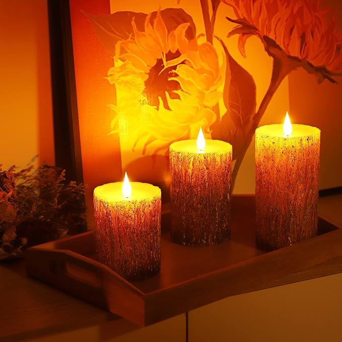 Enpornk Flameless Candles Battery Operated Pillar Pine Effect Real Wax Flickering 3D Wick Electric LED Decorative Candle Sets with Remote Control Cycling 24 Hours Timer, 4" 5" 6" Pack of 3