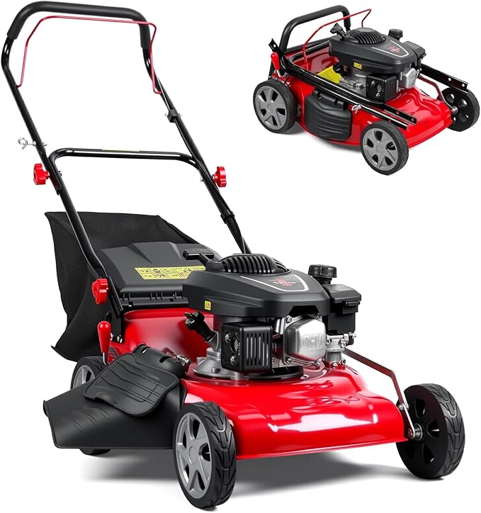 21-Inch Gas Lawn Mower Self Propelled, 131cc 3 in 1 Push Mower Gas Powered, 50L Grass Catcher Big Wheels for Slopes Red