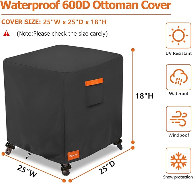 Waterproof Outdoor Ottoman Cover Square,600D Heavy Duty Patio Small Side Table Cover,Patio Furniture Covers for End Table 25" W x 25" D x 18" H,Black
