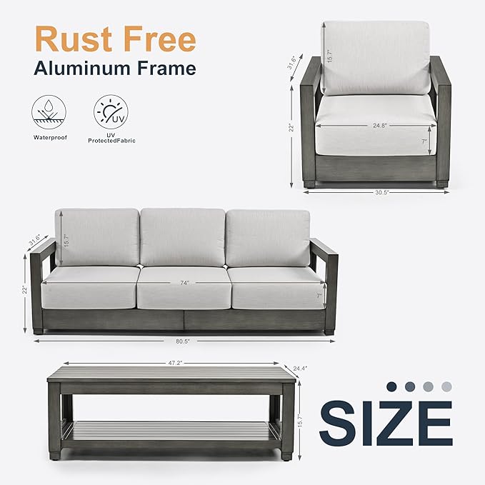 HAPPATIO Oversized Aluminum Patio Furniture Set, Outdoor Conversation Set 4 Pieces with 3-Seat Sofa and Coffee Table, Extra Large Seat with Thicken Cushion for Backyard Poolside, Grey