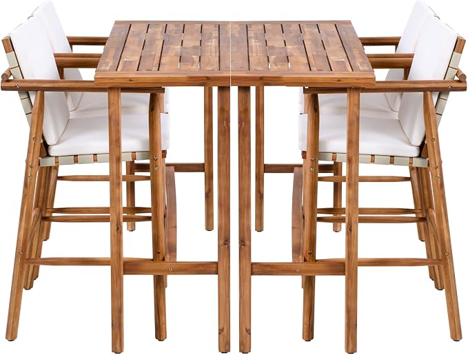 6 Piece Outdoor Bar Set for 4, 2 Patio Acacia Wood Bar Height Table & 4 Stools with Removable Cushions, Wood Dining Bar Set with Adjustable Feet for Patio, Balcony, Poolside, Beige+Natural