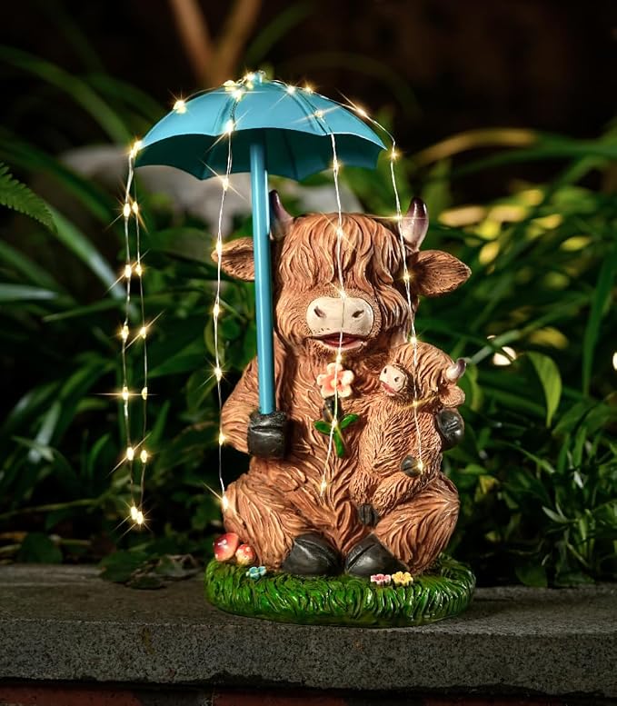 Joint Honglin Solar Highland Cow Garden Statue with Raindrop String Lights, Flashing Umbrella Fairy Lights Outdoor Resin Figurine, Yard Lawn Ornament, Unique Birthday for Mom Grandma