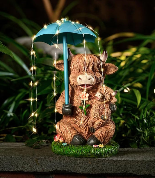 Joint Honglin Solar Highland Cow Garden Statue with Raindrop String Lights, Flashing Umbrella Fairy Lights Outdoor Resin Figurine, Yard Lawn Ornament, Unique Birthday for Mom Grandma