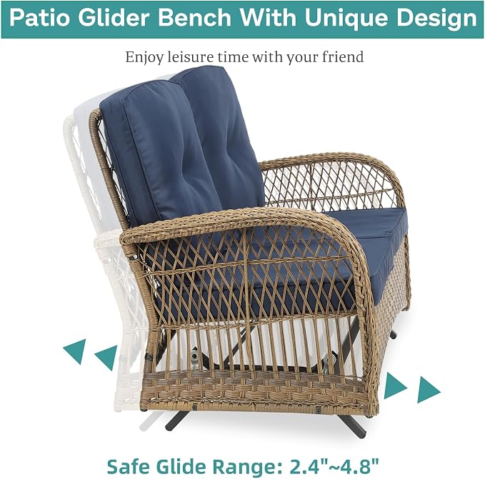 MEETWARM 7 Pieces Outdoor Patio Rattan Furniture Sets, All Weather Patio Wicker Conversation Set- 2 Rocking Glider, 2 Swivel Chairs, 1 Loveseat Glider w/Cushions, 2 Glass-Top Coffee Table, Navy Blue