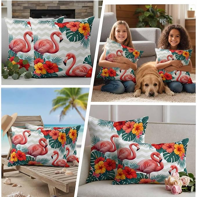 Pink Flamingos Outdoor Pillow Covers 24"x24" Set of 2, Summer Red Hibiscus Flower Tropical Plant Wave Stripes Waterproof Throw Pillow Covers for Patio Furniture, Decorative Cushion Covers for Porch
