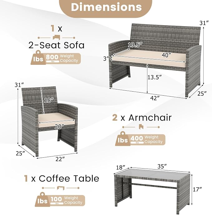 Tangkula 4 Piece Patio Wicker Furniture Set, Outdoor Heavy Duty Rattan Cushioned Chairs, Loveseat and Tempered Glass Coffee Table, for Backyard, Balcony, Poolside