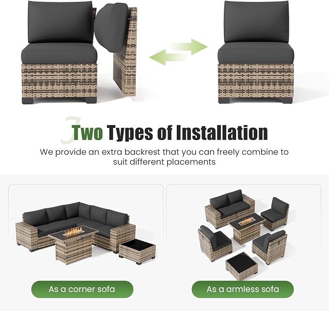 Amopatio 7 Piece Patio Furniture Set with 8" Armrest & 44" Fire Pit Table, Outdoor Wicker Rattan Sectional Sofa Conversation Set for Backyard, Garden, Poolside(Grey Cushion)