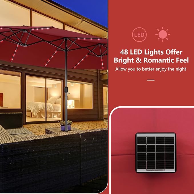 Tangkula 11 Pieces Patio Dining Set with 15 ft Double-Sided Patio LED Umbrella (Base Included), Outdoor Rattan Furniture Set with 8 Armchairs, 1 Rectangular Acacia Wood Dining Table (Wine)
