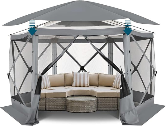 COBIZI 12x12 FT Pop Up Canopy Stargazing Tent, Gazebos On Clearance with Removable Roof, Screened in Gazebo, Screen Tents Portable carpas para Patio for Outdoor Camping,Backyard, Garden, Grey(Pro)