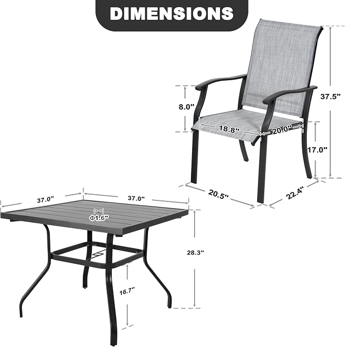 NUU GARDEN 5-Piece Patio Dining Set with Umbrella Hole, All Weather Outdoor Dining Set with 4 Textilene Chairs, 1 Square Table, Patio Table and Chair Set for Backyard Garden Poolside, Gray and Black