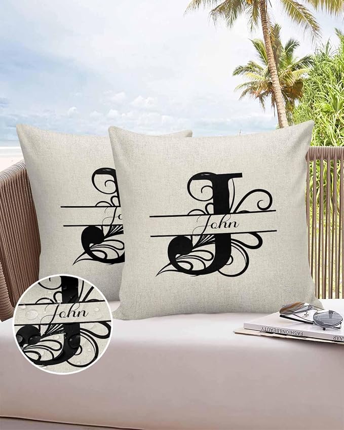 Personalized Gifts for Women/Men, Custom Pillow Case with Name Outdoor Waterproof Pillowcase, Letter J Customized Pillow Cases for Patio, Monogram Words Customs Pillow Cover 18" x 18", 2 Pcs