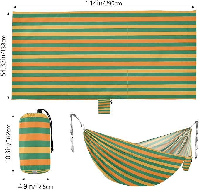 Camping Hammock Outdoor Hammocks for Outside Green Orange Stripe Beach Trees Portable Lightweight with Pockets Tree Straps Indoor