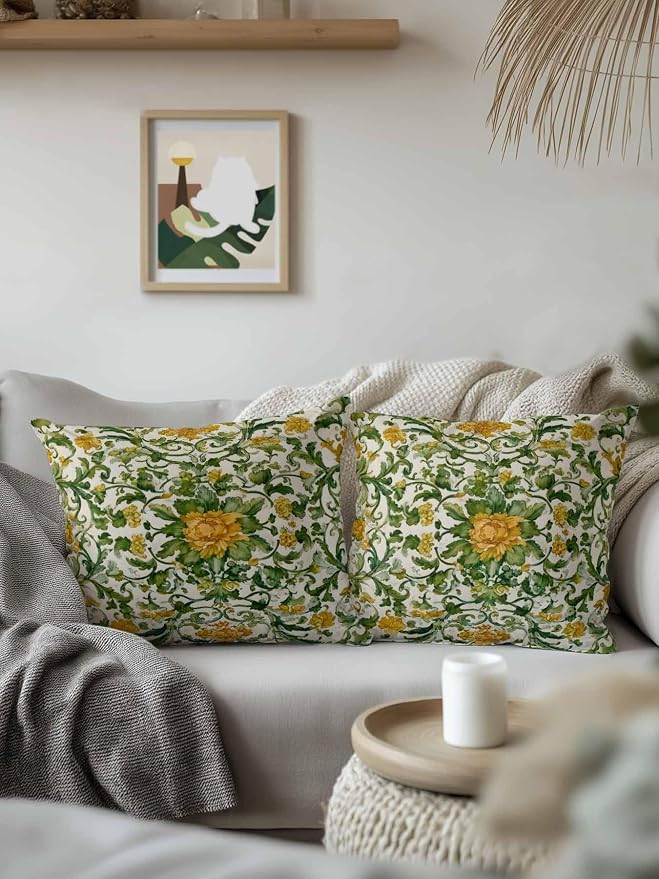 Outdoor Pillows with Inserts Set of 2 16x16, Yellow Green Boho Waterproof Outdoor/Indoor Throw Pillows, Classic Floral Farmhouse Botanical Decorative Pillow for Bed Couch Sofa Patio Furniture