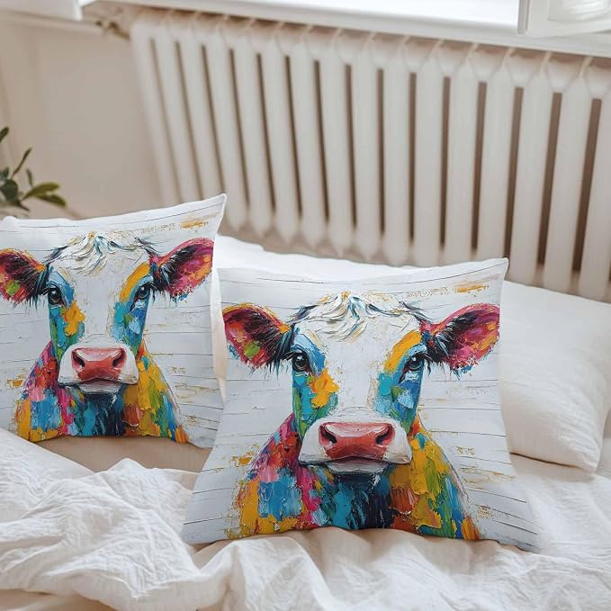 Colorful Cow Outdoor Pillow Covers Pack of 2 Rustic Animal Abstract Cattle Wood Grain Waterproof Throw Pillow Covers Decorative Cushion Cases for Patio Garden Tent Balcony Couch 24x24 inch