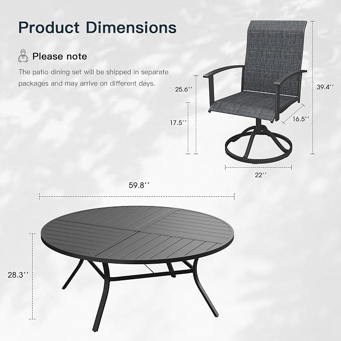 VICLLAX 9 Pieces Patio Outdoor Dining Set, 8 Swivel Textilene Chairs and 60" Round Metal Table with Umbrella Hole for Porch, Deck, Garden, Black
