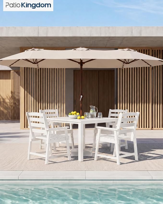 HDPE Outdoor Dining Set for 4, Armchairs, White | All-Weather HDPE, Wood Grain Finish, 42.5" Square Table, Built-In Umbrella Hole, Seats 4, Patio & Poolside Ready