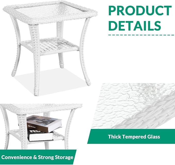 VIVIJASON 3-Piece Patio Conversation Bistro Set, Outdoor Swivel Glider Rocking Chairs Rattan Furniture Set w/ 2 Rattan Chairs, Glass Top Side Table for Porch Backyard, White - Beige