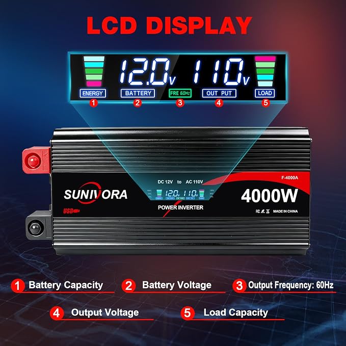 4000 Watt Power Inverter 12V to 110V/120V DC to AC Converter 8000W Peak, with Remote Control & LCD, 3 AC Outlets & 1 USB Ports Power Inverters for Vehicles Car Truck Boat RV Camping Solar System EPS
