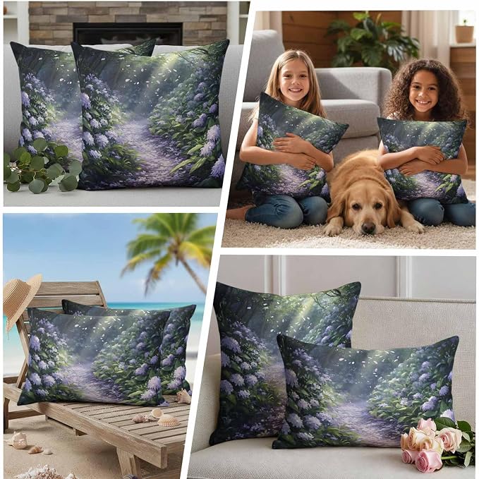 Purple Floral Outdoor Waterproof Throw Pillow Covers Set of 2, 26"x26", Spring Landscape Scenery Nature Decorative Pillow Covers Outside Cushion Case for Patio Porch Garden