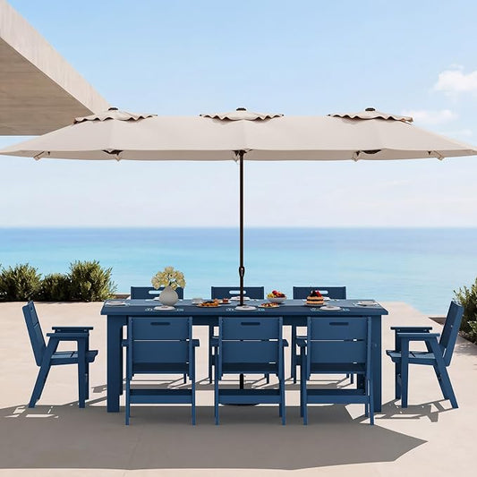 SERWALL 76" HDPE Outdoor Dining Set, 10 Pieces Patio Furniture with Rectangular Table, 8 Chairs & 1 Umbrella (Base Not Included), All-Weather Outdoor Dining Set for Backyard Deck Balcony, Blue
