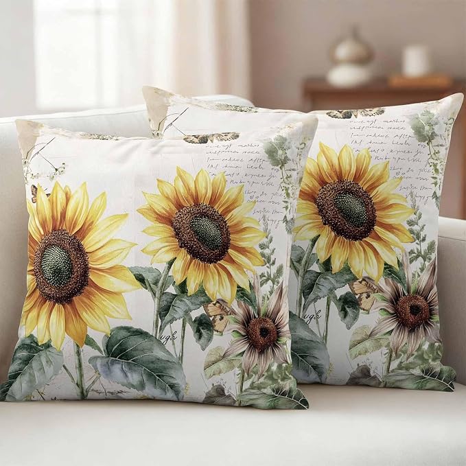Vintage Yellow Sunflowers Outdoor Waterproof Throw Pillow Covers Set of 2, 20"x20", American Pastoral Style Decorative Pillow Covers Outside Cushion Case for Patio Porch Garden