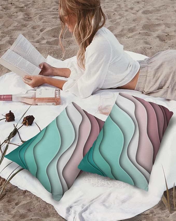 Ombre Abstract Geometry Gradient Turquoise and Pink Outdoor Waterproof Throw Pillow Covers 20 x 12 Inch Set of 2, Pillowcases Decorative Square Cushion Cases for Patio Furniture Couch Porch Garden