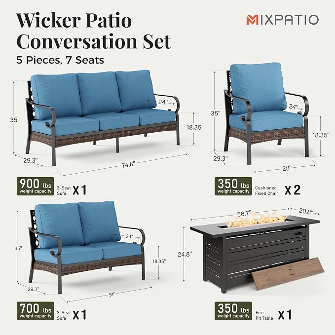 MIXPATIO Patio Furniture Set with Fire Pit Table, Metal Outdoor Conversation Set with 5.75'' Extra Thick Cushion, 2 Leg Chairs, Loveseat Sofa, 3-Seat Sofa and Gas Fire Pit Table, Navy Blue