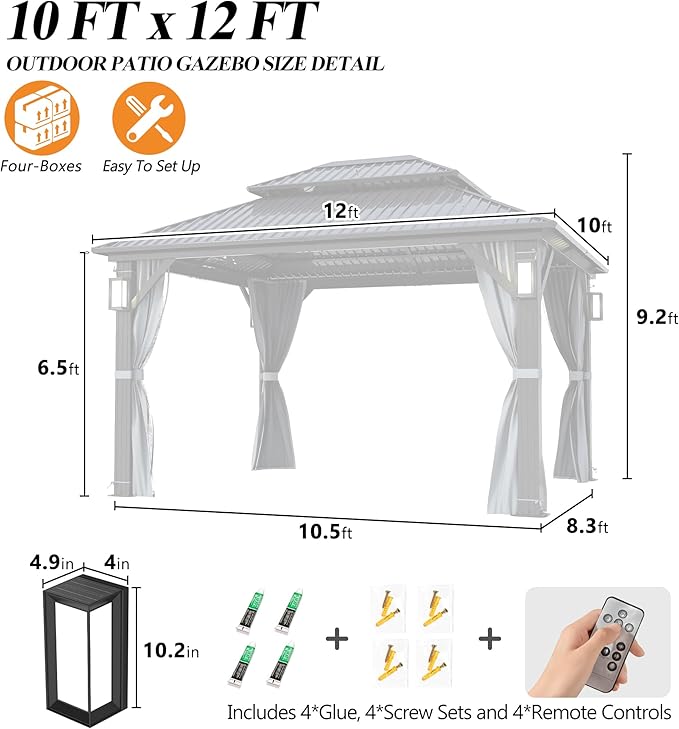 GARTOO 10'x12' Outdoor Hardtop Gazebo with Double Roof - Heavy-Duty Steel Top Aluminum Frame Gazebo with Solar LED Light, Breathable Netting & Privacy Curtain for Patio, Porch, Garden, Backyard
