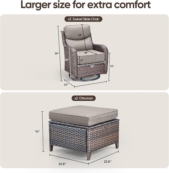 Swivel Patio Chairs sofa Set of 4 with 6" Thick Cushion - Wicker Outdoor Swivel Rocker Patio Chair with Side Table, High Back Comfortable Outdoor Glider Chairs - Brown Wicker | Grey Cushions