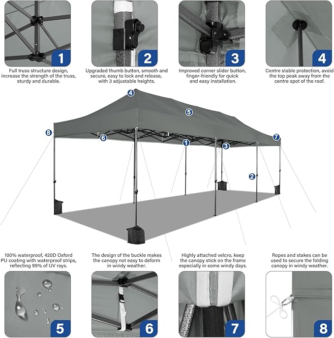COBIZI 10x30 Pop up Canopy Tent Heavy Duty Without Sidewalls, Easy Set-up Commercial Outdoor Party Tents, 100% Waterproof Wedding Tent Gazebo, 3 Height Adjustable with Wheeled Bag, Gray