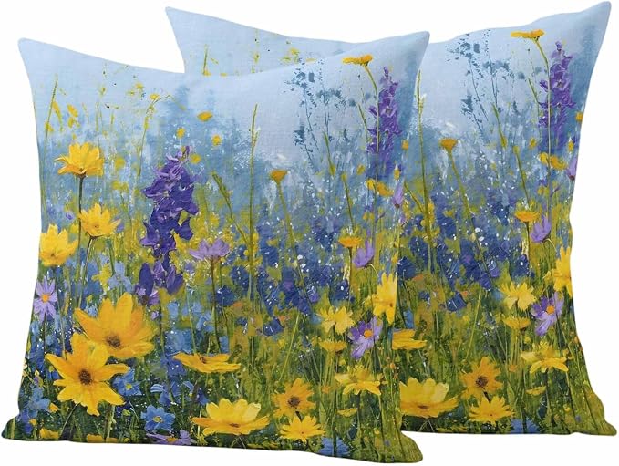 Outdoor Waterproof Pillow Covers for Patio Rustic Landscape Decorative Throw Pillow Cover Spring Wildflower Floral Yellow Blue Purple Pillowcases Set of 2 Cushion Case for Sofa Couch Chair 20x20 Inch