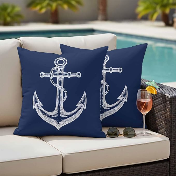 Nautical Outdoor Waterproof Throw Pillow Covers Set of 2, 26"x26", Anchor Rope Coastal Navy Blue Minimalist Decorative Pillow Covers Outside Cushion Case for Patio Porch Garden